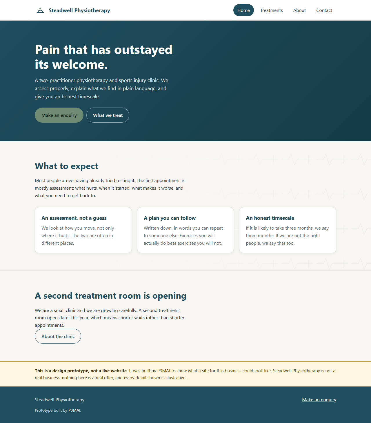 The Steadwell Physiotherapy home page on a desktop screen: a deep
                        teal header, the headline &lsquo;Pain that has outstayed its
                        welcome&rsquo;, and three cards explaining what to expect.