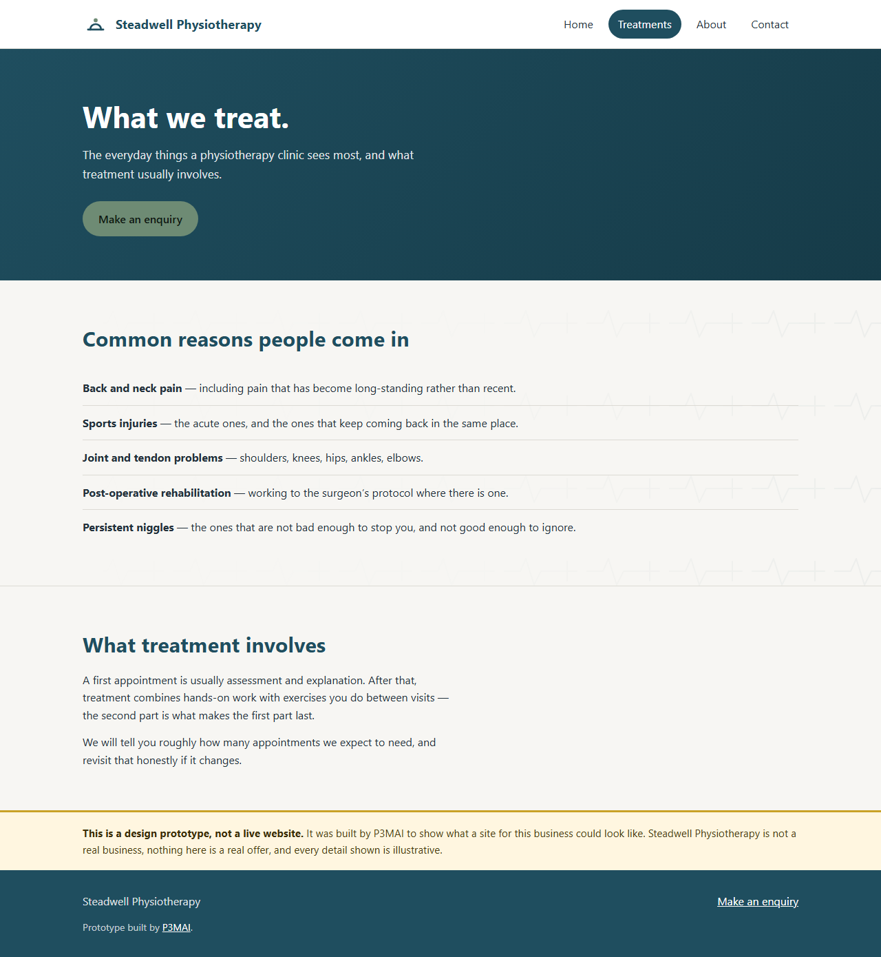 The Steadwell Physiotherapy treatments page, listing common reasons
                        people come in, over a faint generated pattern of pulse traces.